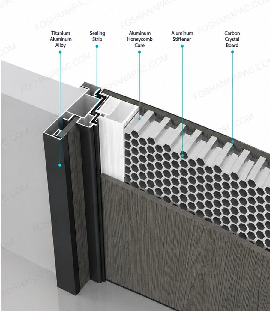A section through the door panel showing the aluminium honeycomb core