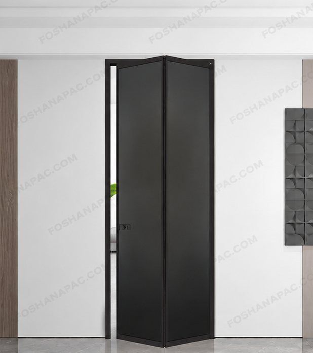 A black bifold door folded back