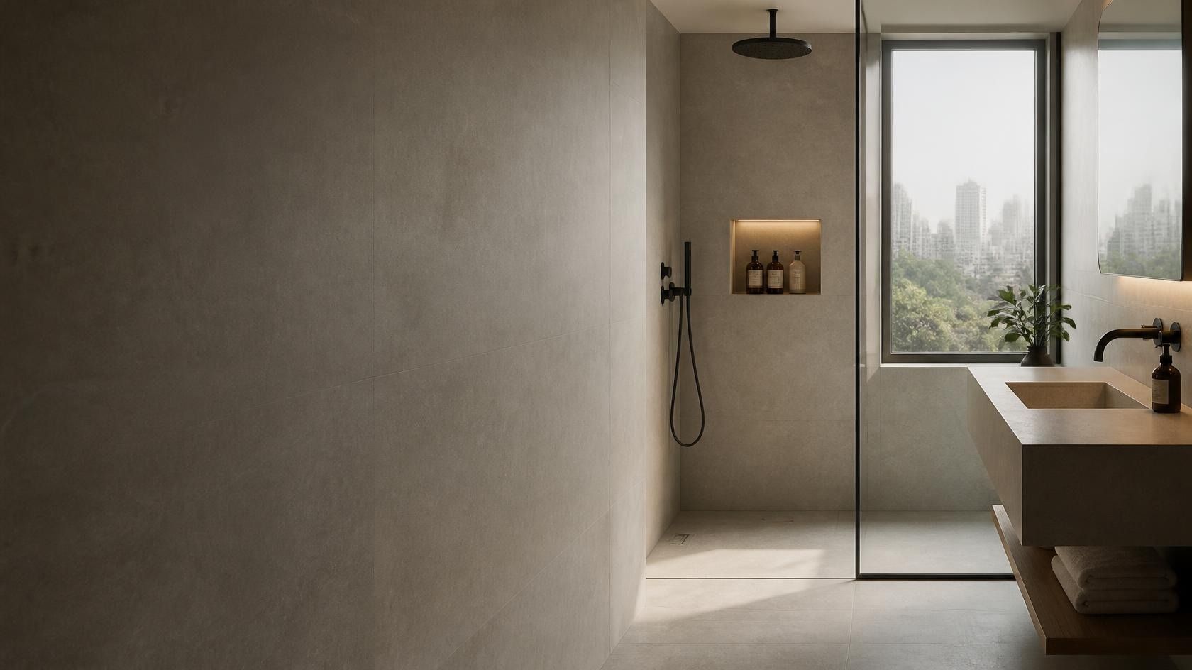 A lit recessed stainless niche in a tiled shower wall