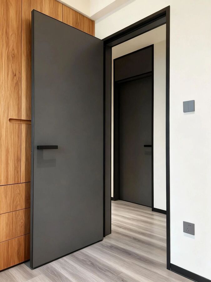 A dark grey aluminium interior door against a timber wall