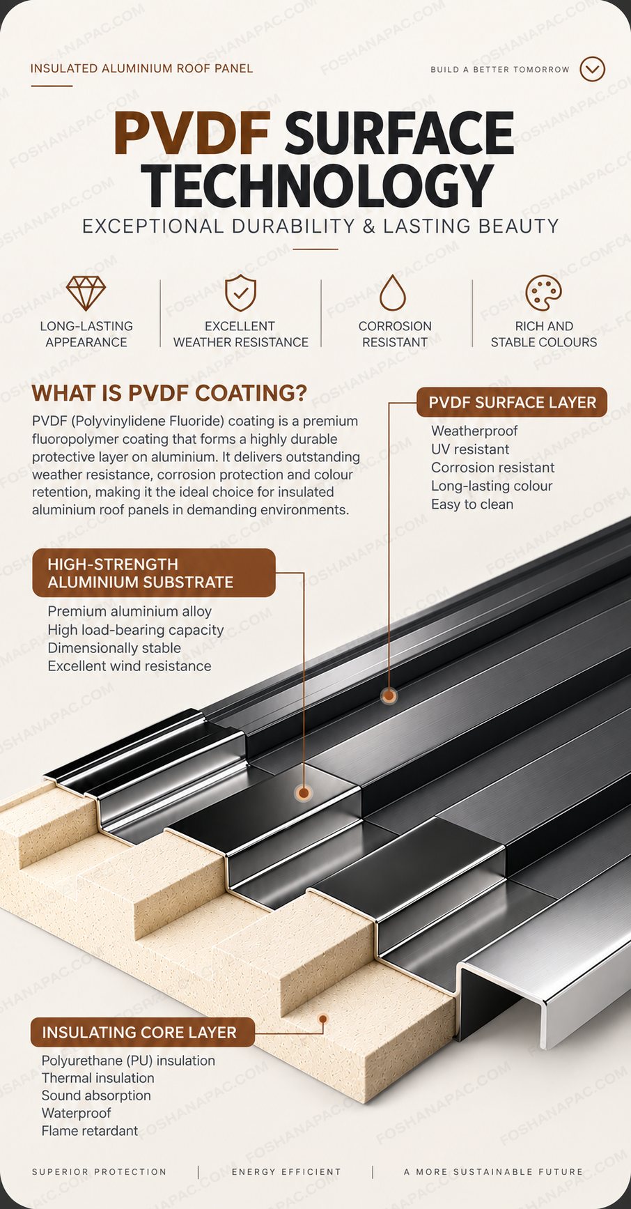 The layers: PVDF coating, aluminium skin, polyurethane core