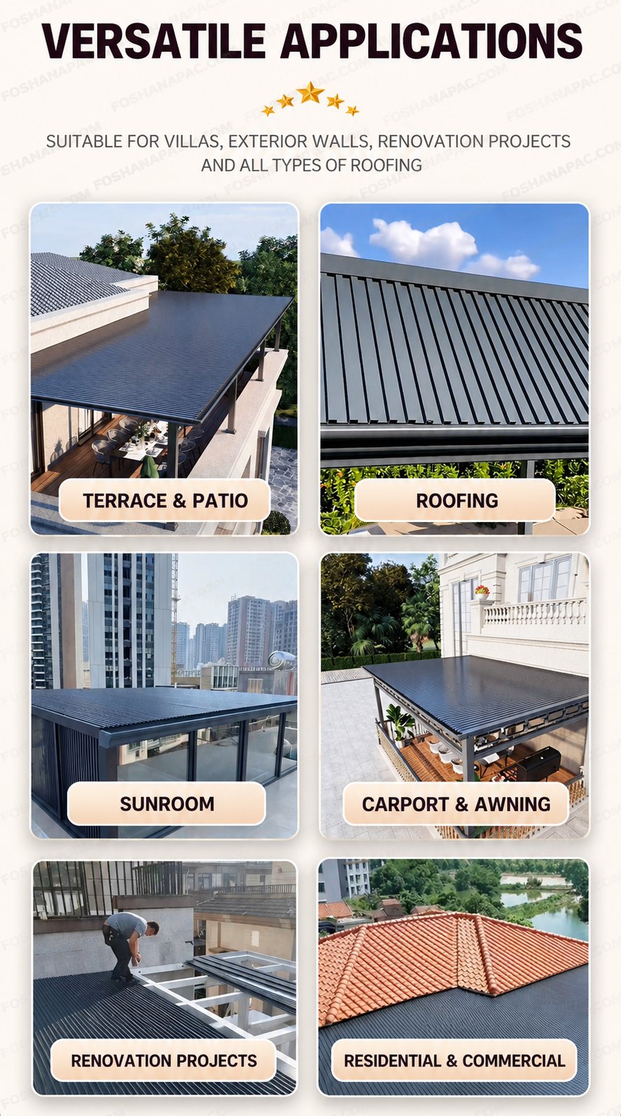 Where the panel is used: terraces, carports, sunrooms