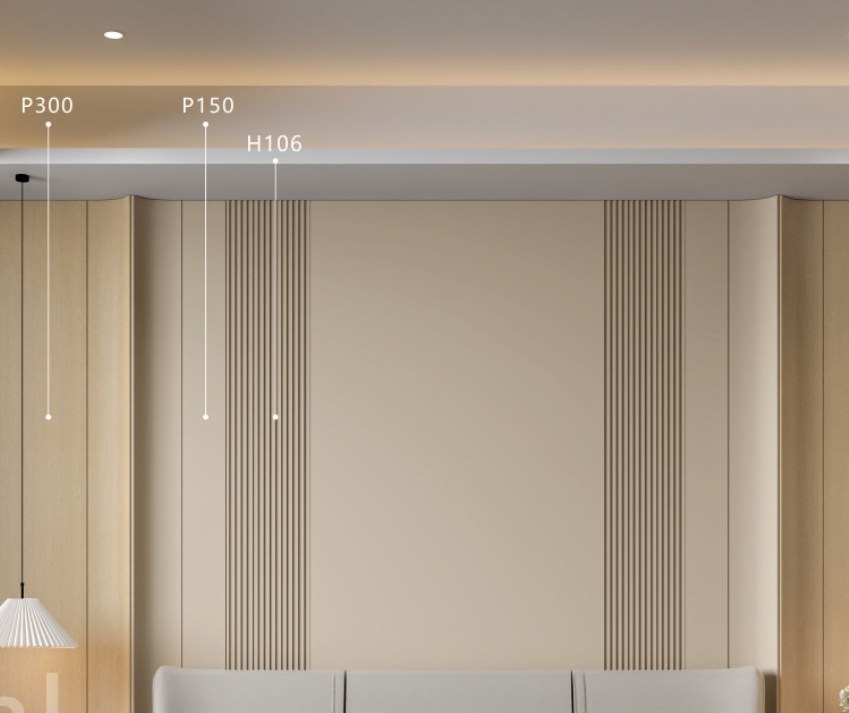 A bedroom wall with each component labelled: shaped sections alternating with flat panels of three widths