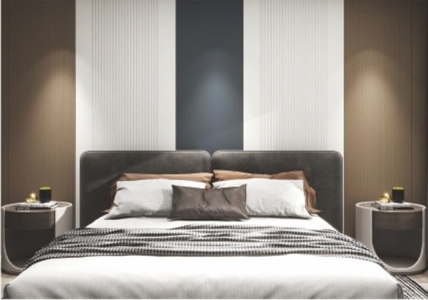 A bedroom wall in dark and light panels with a recessed centre