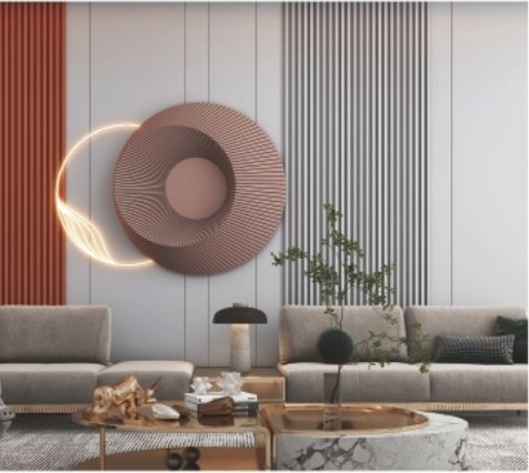 A living room wall in pale grey and white with full-height fluting