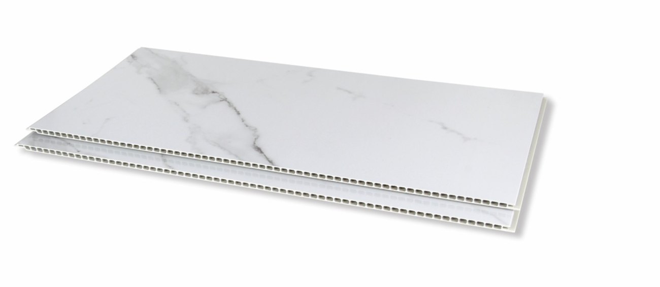 A panel with a marble-pattern facing