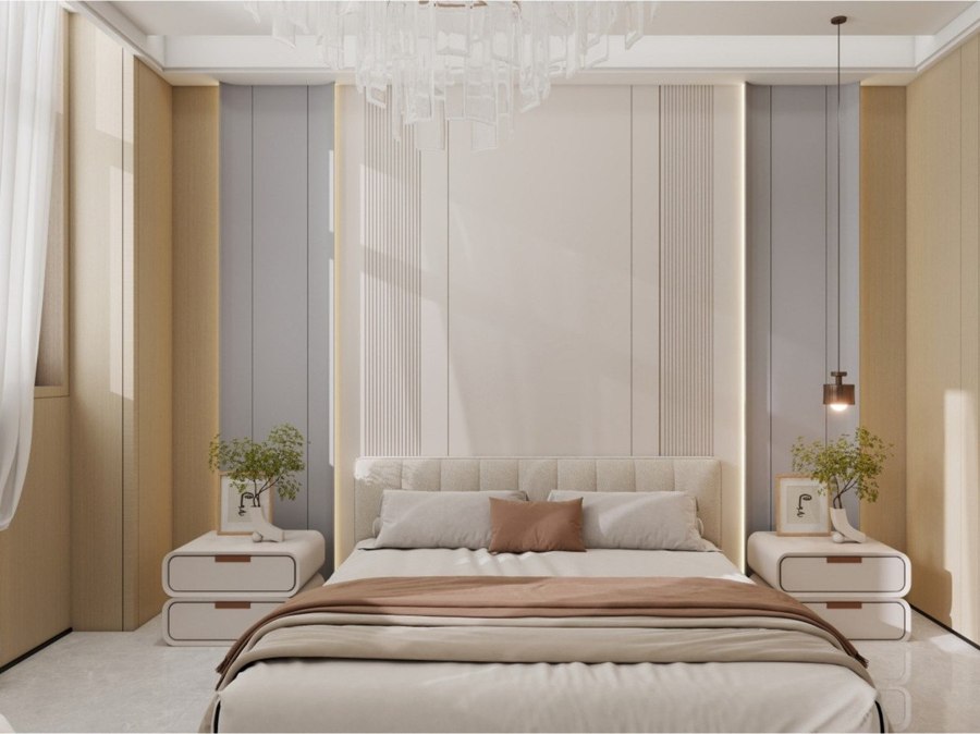 A bedroom wall built from interlocking panels in matched neutral finishes