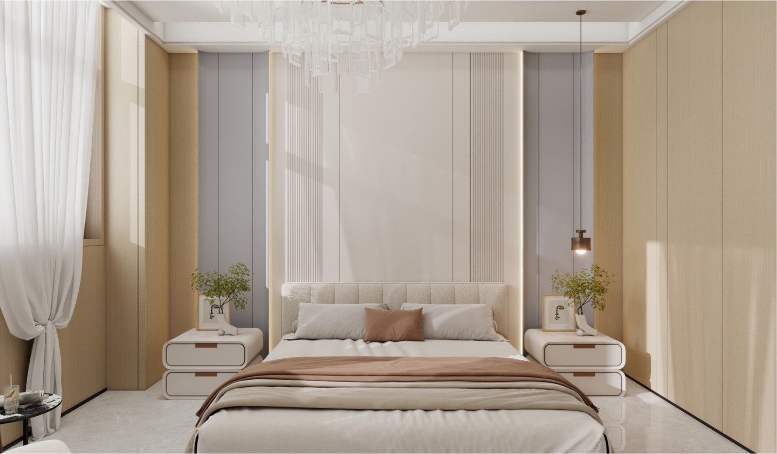 A bedroom wall built from panels of several widths, in a set of matched neutral finishes