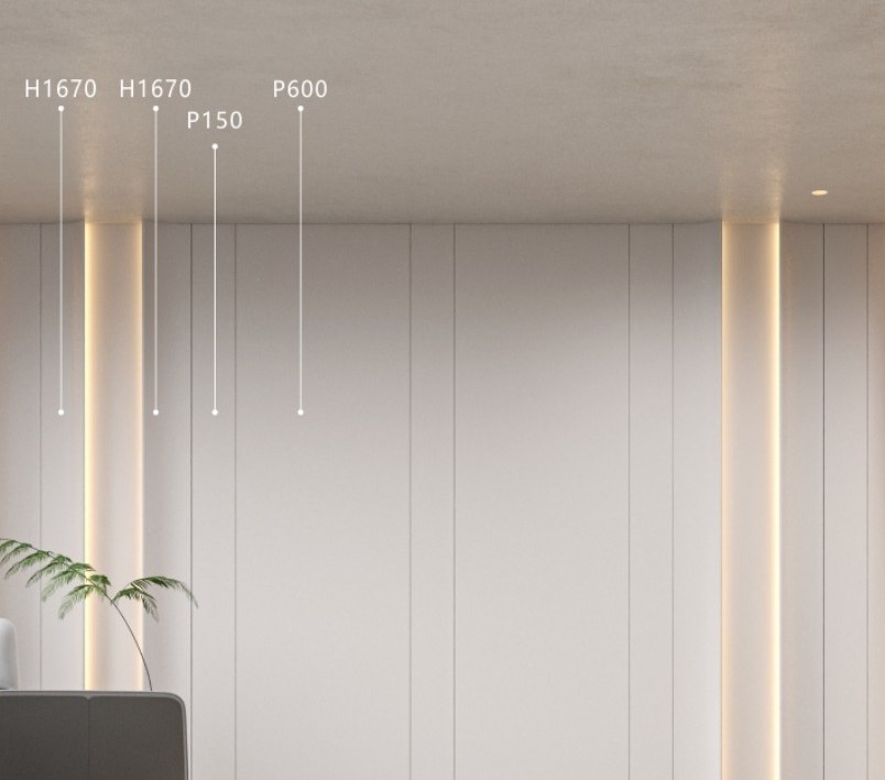 An office wall where light glows from within the vertical sections