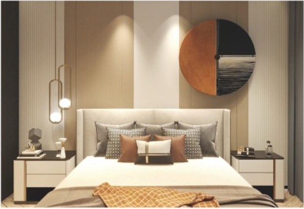 A bedroom headboard wall in warm wood and cream with fine fluting